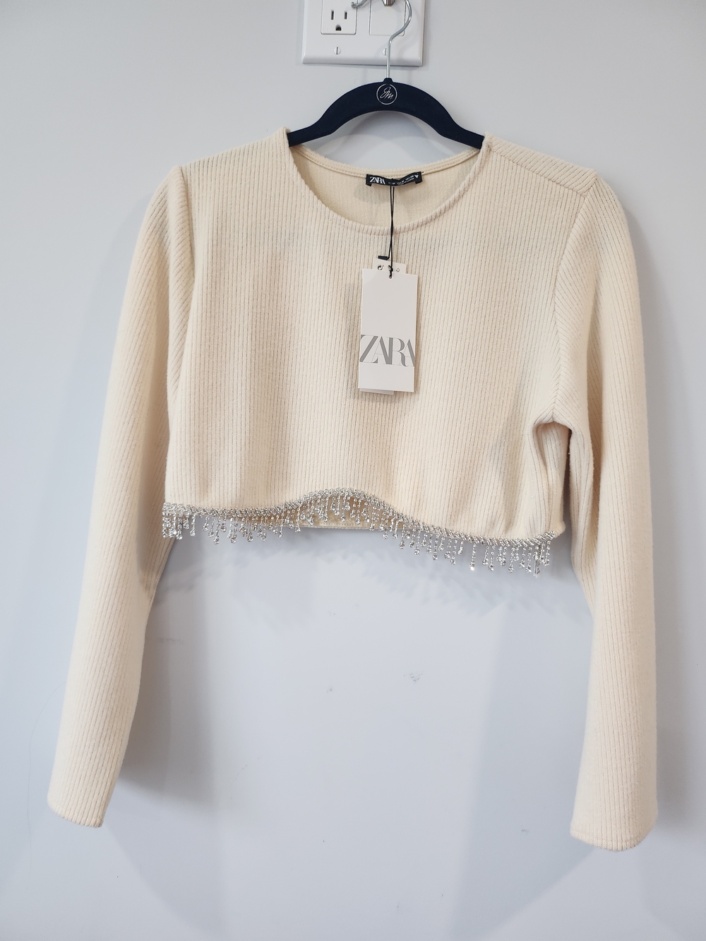 ZARA Cream Beaded Hem Ribbed Crop Top